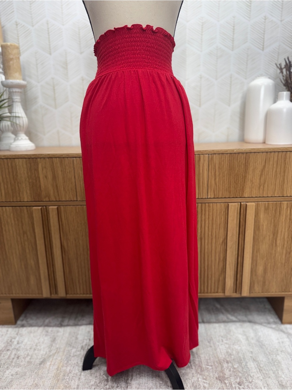 Zenana Outfitters Red Smocked Waist Maxi Skirt